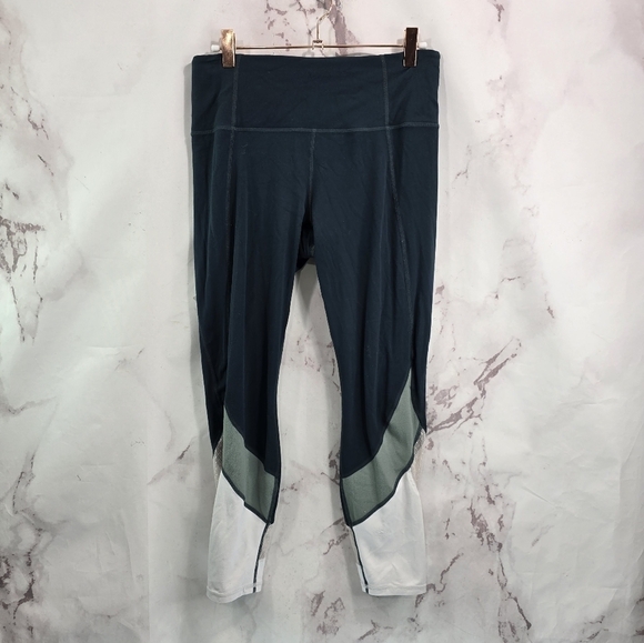 Athleta Leggings Womens Medium Green White Mesh Salutation Colorblock Power Vida - Picture 1 of 13